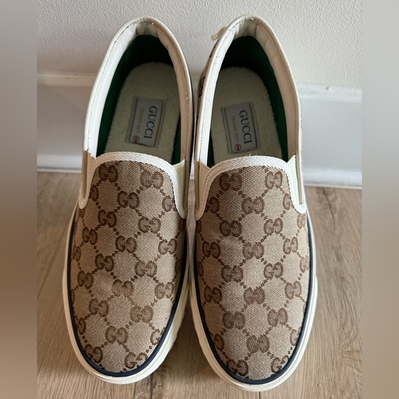 Gucci Beige and Brown Monogram Slip-Ons - Picture 1 of 5
